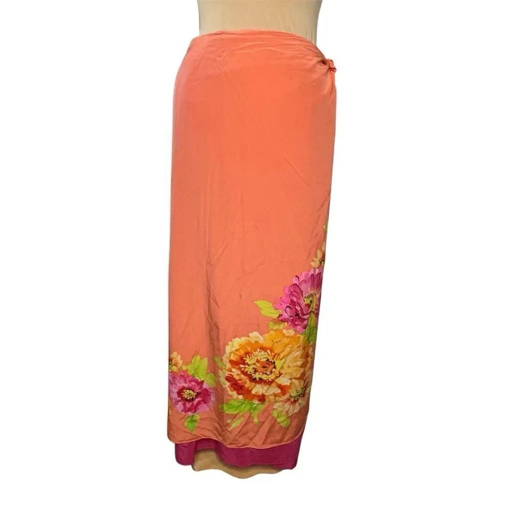MUSE Women’s Sz 14 100% Silk Floral Print Wrapped Tied Lined Maxi Skirt Pink Ora